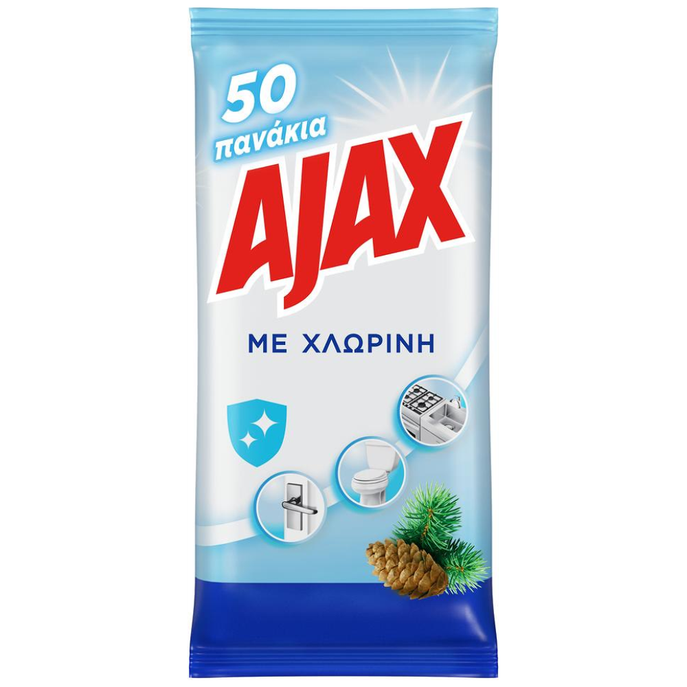 Ajax Υγρά Πανάκια Καθαρισμού Με Χλωρίνη 50τεμ