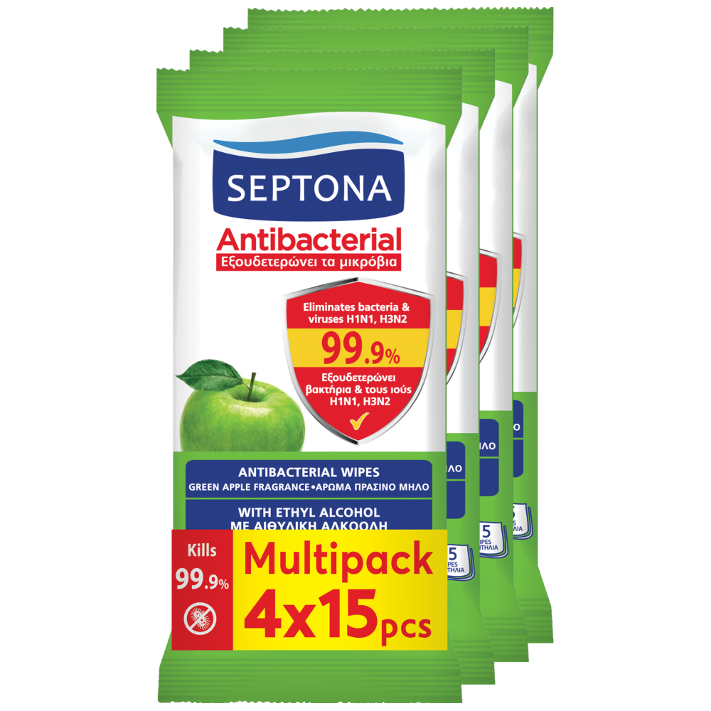 Septona Αντιβακτηριδιακά Μαντηλάκια Green Apple 4x15τεμ