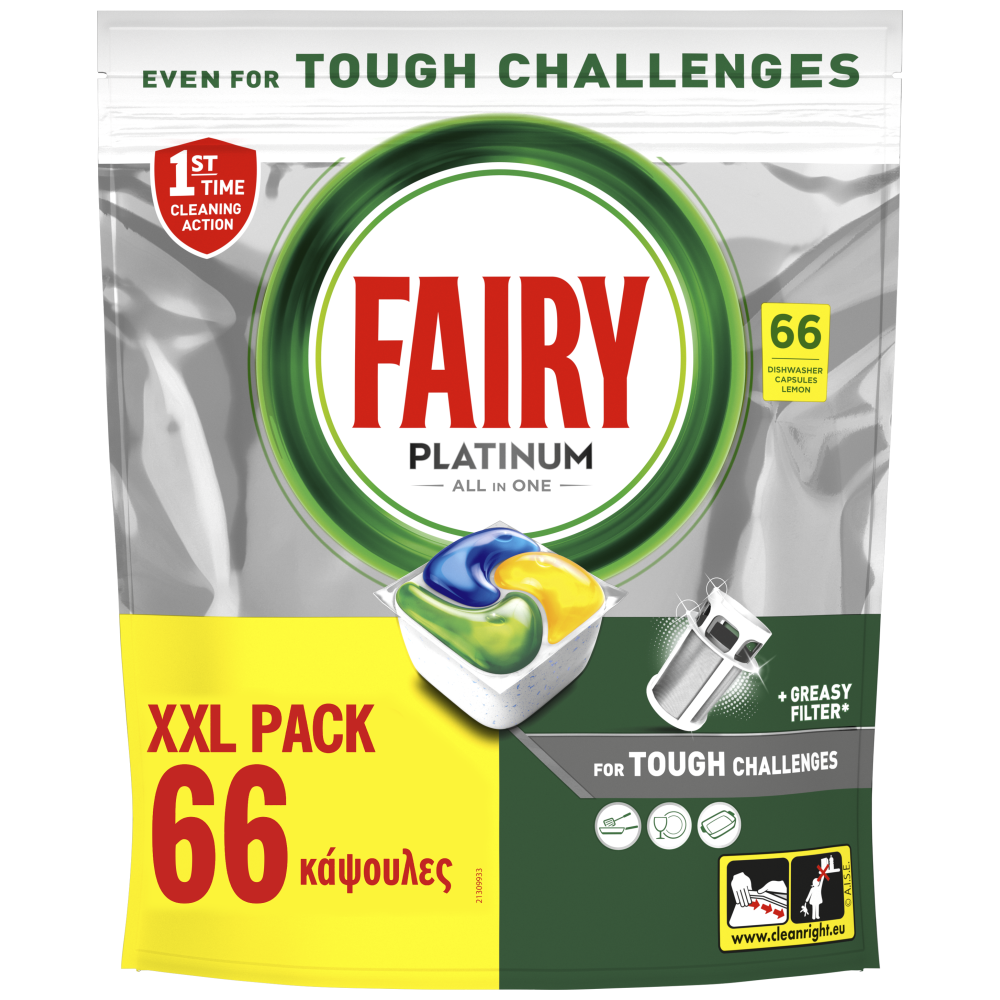 Fairy Platinum Ταμπλέτες Πλυντηρίου Πιάτων Λεμόνι XXL 66τεμ