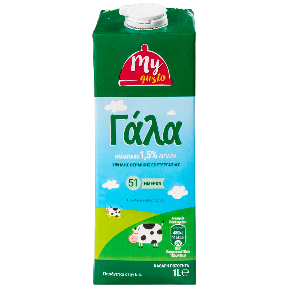 My Gusto Γάλα Υψηλής Θερμικής Επεξεργασίας 1,5% Λιπαρά 1Lt