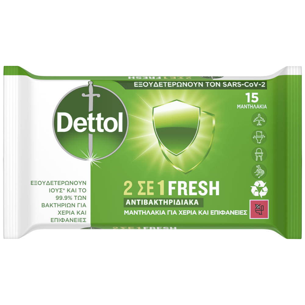 Dettol Πανάκια Προσωπικής Υγιεινής Χεριών Επιφανειών 2σε1 15τεμ