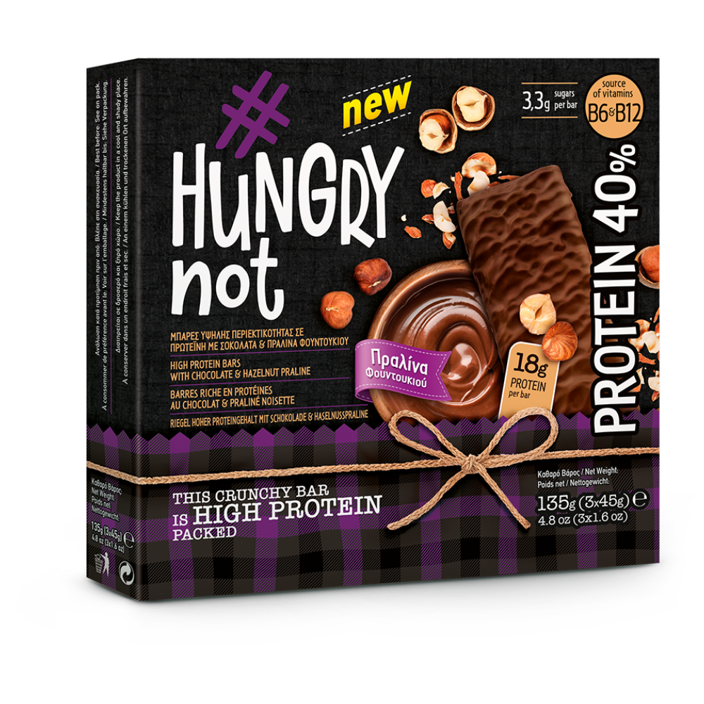 Hungrynot Μπάρες Πρωτεΐνης Σοκολάτα Πραλίνα Φουντουκιού 135gr