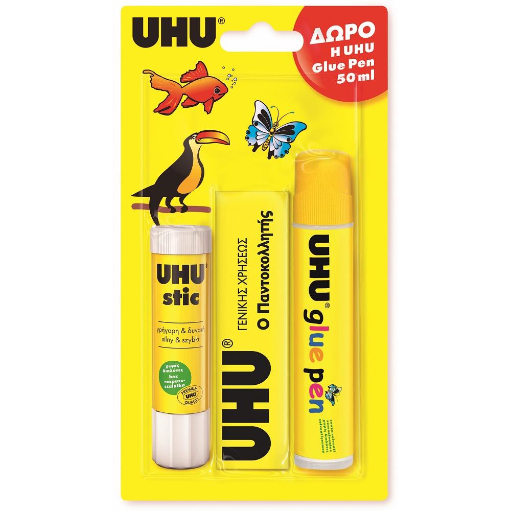 UHU STICK 21gr UHU Κόλλα 35ml UHU Glue Pen 50 Δώρο