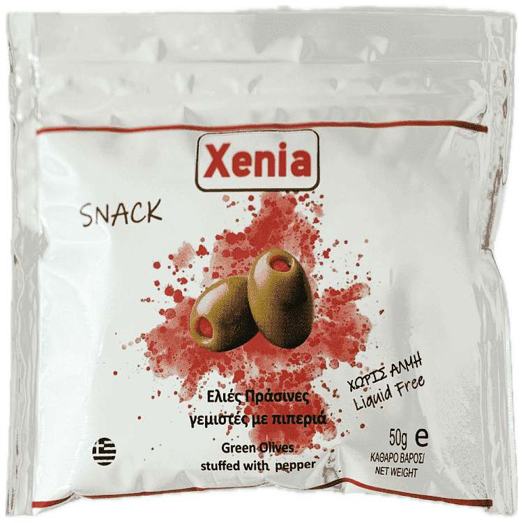 Xenia Ελιές Πράσινες Γεμιστές Με Πιπεριά Σακούλα 50gr