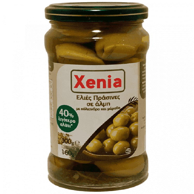 Xenia Ελιές Πράσινες Ολόκληρες 40% λιγότερο Αλάτι 300 gr (Στραγ.Βάρος 160gr)